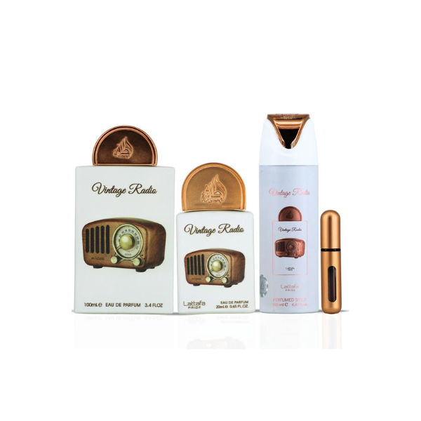 Vintage Radio Lattafa Pride Gift Set – Perfume Unisex Oriental Amaderado | 100ML + Spray 200ML + Mini 20ML