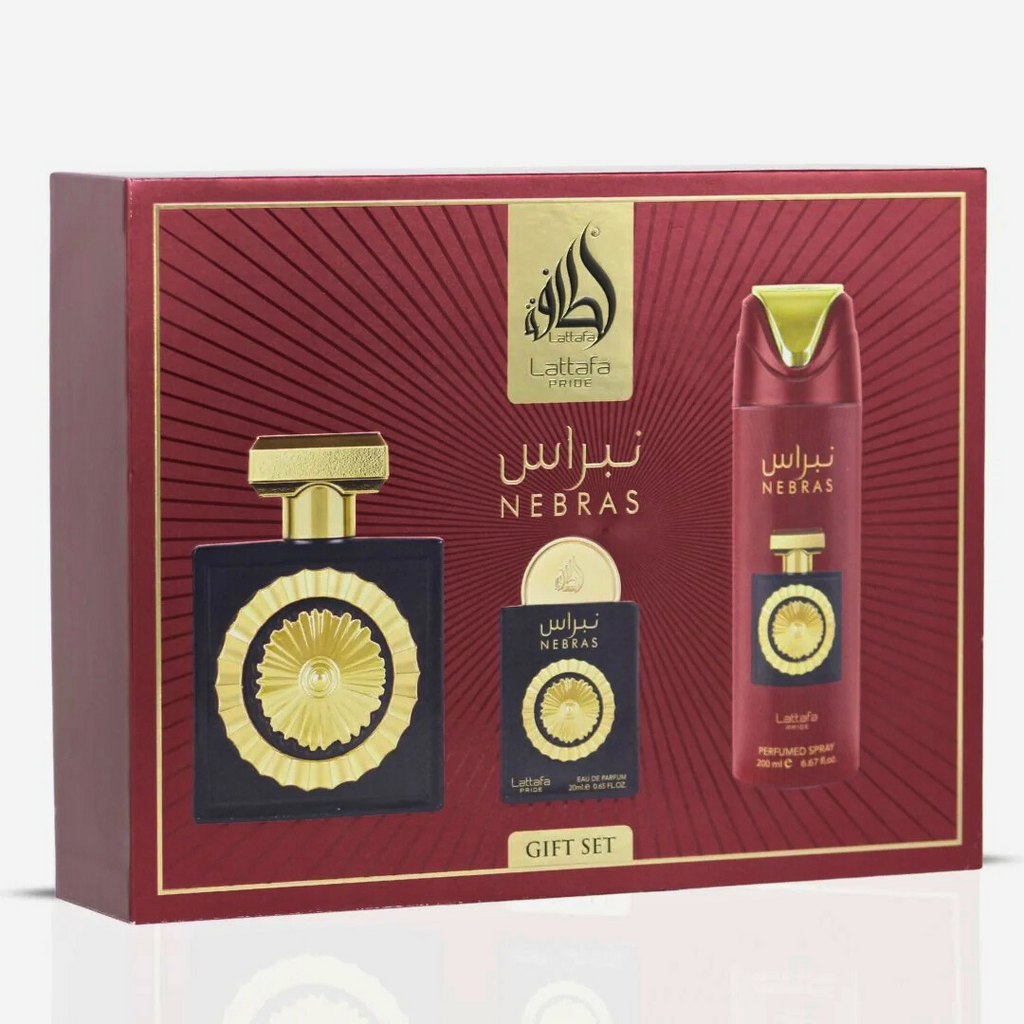 Pack Nebras Gift Set Lattafa Pride – Estuche de Lujo con Eau de Parfum, Body Spray y Miniatura