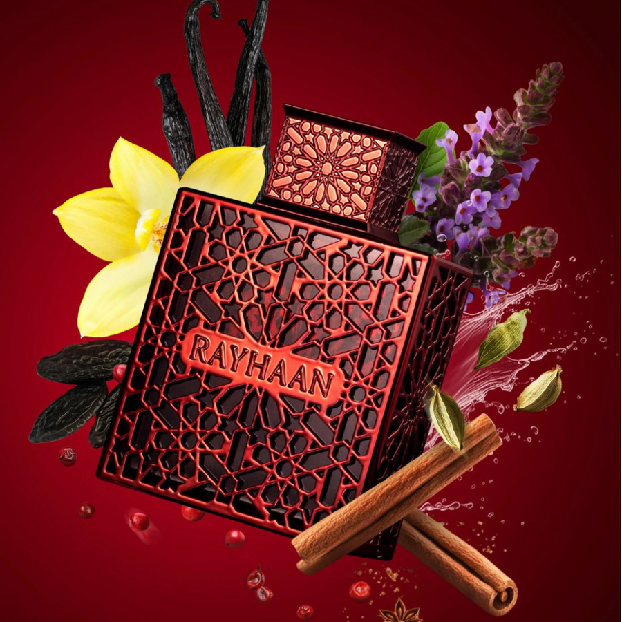 Crimson Rayhaan 100ML – Perfume Masculino Especiado con Cardamomo, Pachulí y Vainilla