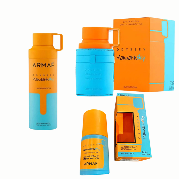 Pack Armaf Odyssey Mandarin Sky – Perfume 100ML + Body Spray + Desodorante Roll-On | Fragancia Unisex Cítrica y Especiada