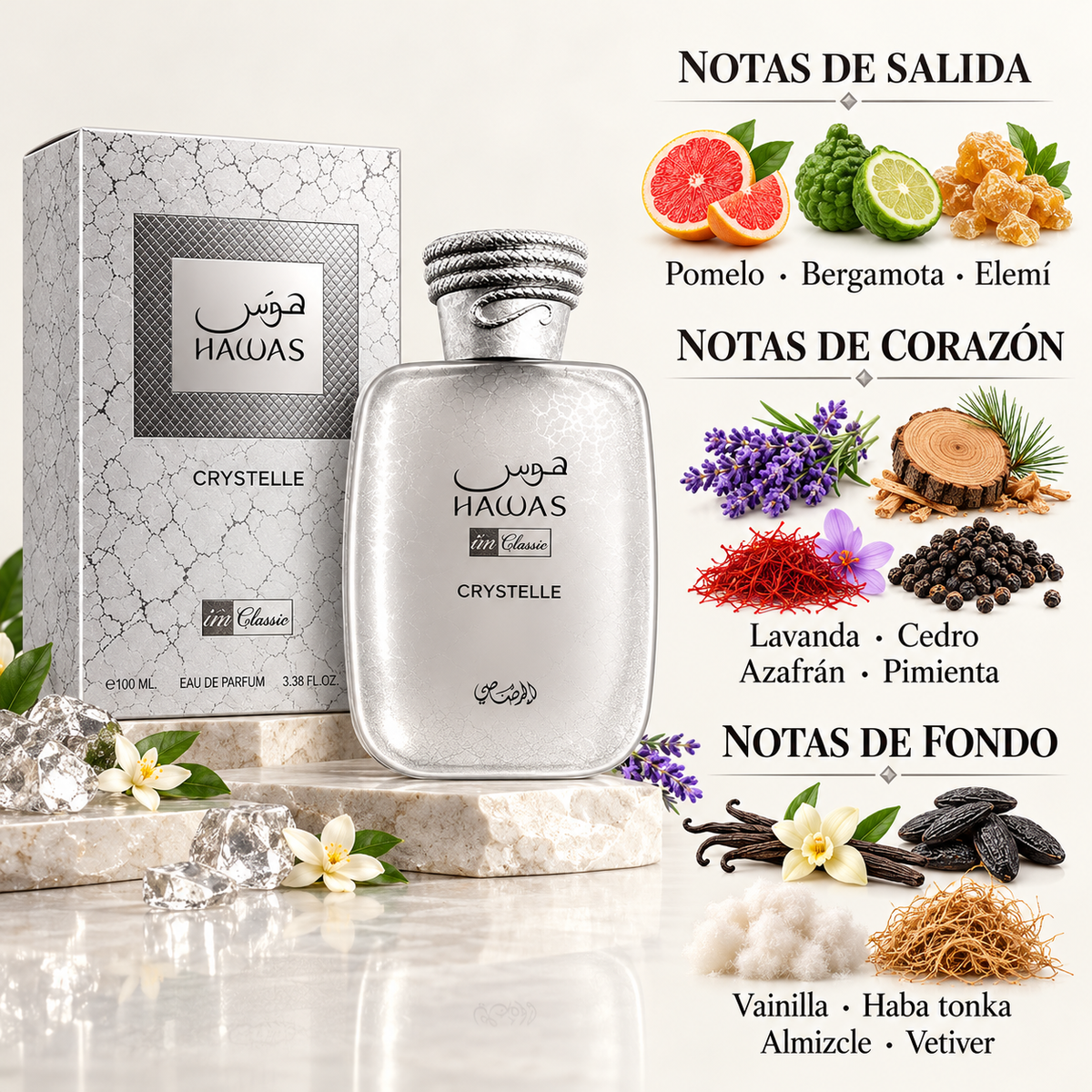 Hawas Crystelle Imrasasi by Rasasi 100ML – Eau de Parfum Unisex | Pomelo, Azafrán y Vainilla