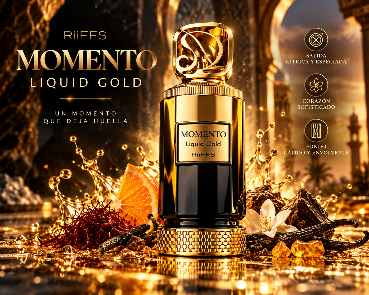 Momento Liquid Gold de RiiFFS, 100 ml, presentación promocional dorada