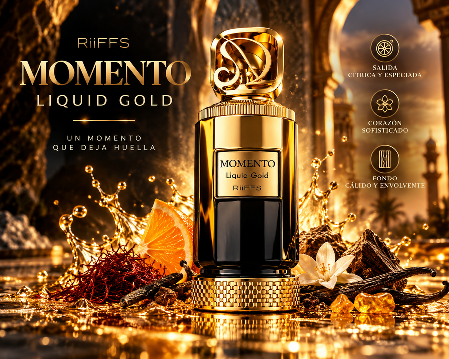 Momento Liquid Gold de RiiFFS, 100 ml, presentación promocional dorada